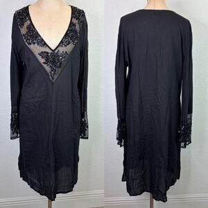 Inca Black Tunic sun dress Size L 100% Cotton Made In India Embellished bohemian